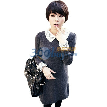 时尚起义 韩国进口冬装山羊毛甜美蕾丝领连衣裙 女560515 灰色 one