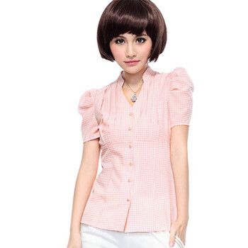 O.SA2012春夏装新款韩版女装修身短袖泡泡袖衬衫SC21177 粉色 XL