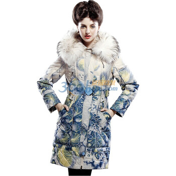 玛汐 Maxchic 2012新款 冬 中长款貉子毛领印花女款超保暖加厚羽绒服 D61001S11M 蓝黄 XXL