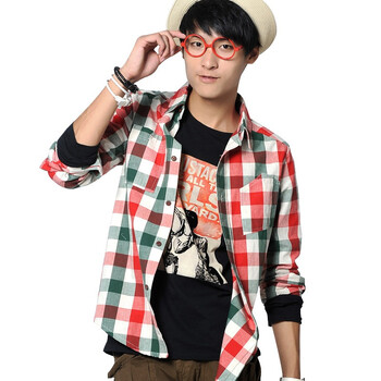 MIX2 2011新款春装加厚休闲格子衬衣全棉韩版长袖男衬衫 L01C04F1 红色 XL