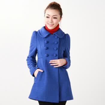 卡路约翰CAROL&JOHN淑女双排扣修身长款羊毛呢大衣81445103 蓝色 XL