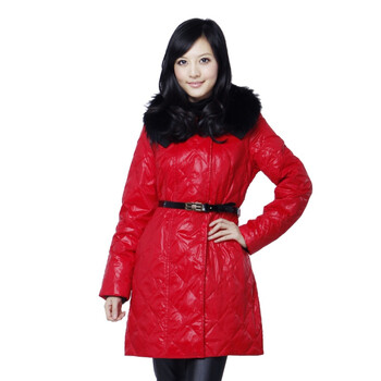 蓝冰 女 貉毛线领腰带中长款羽绒服 ^@^BA67110 红色 XXL