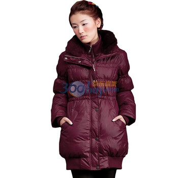 茵曼 INMAN 2011冬装新款90%鸭绒防漏绒修身毛领中长羽绒服 W9007 酒红色 XXL