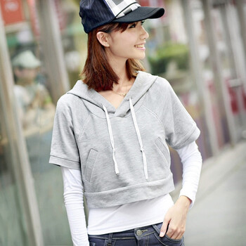 言若 2012 春 新 韩版时尚宽版连帽超 短外套 女 BC100732 浅灰色 L