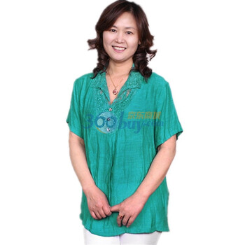 露西法兰 2012中老年女装夏装新款花边领棉麻短袖T恤 JS-花边领翻领 湖蓝色 XXXXL