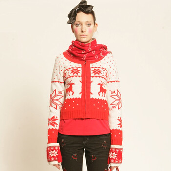 淑女屋新款<em>红色</em>圣诞鹿<em>短款羊毛</em>针织<em>开衫毛衣</em>F