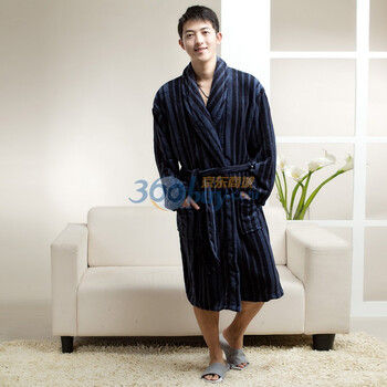 荻嘉茂 2011秋冬新款 珊瑚绒条纹睡袍/浴袍 1113 蓝色 XL