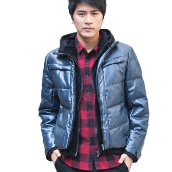 诠渡良品trenduality 秋冬季新款pu皮休闲连帽运动羽绒服#81500 藏青色 XL