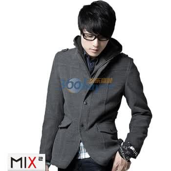 混合二次方 MIX2新款男士修身防风衣男装毛呢子时尚潮男休闲大衣 L94W01B1 灰色 XL