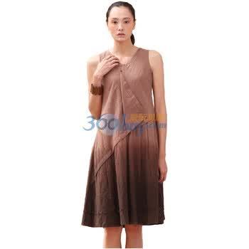 茵曼 INMAN 2012新款春装V领渐变长款纯棉连衣裙背心裙 821103042 淡青色 XL