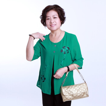 新橙美依中老年女装春秋装时尚妈妈装新款假两件套6096 绿色 5XL