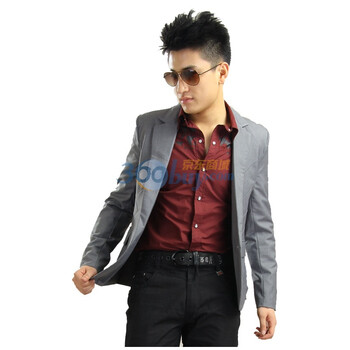 OBM时尚拼格西装男士时尚商务外套休闲西服78022 灰色 XL