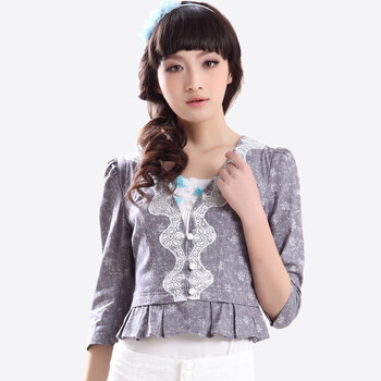 Nemow南梦2012新款春装淑女款V领蕾丝花边单排扣牛仔短外套A1D052 深灰 L