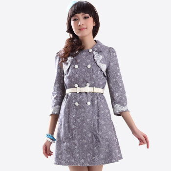 Nemow南梦2012新款春装女装翻领印花双排扣七分袖牛仔风衣A1E053 深灰 L