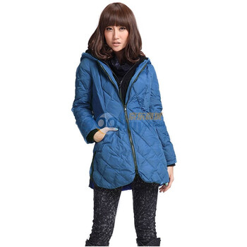 玛丽琨龙 冬装大码女款连帽修身厚长款羽绒服羽绒衣蓝色XXL