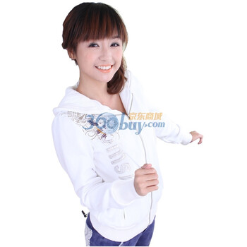 新珑新 slomsin 韩版女装印花烫钻图案开衫卫衣抽绳连帽外套9155 白色 XL