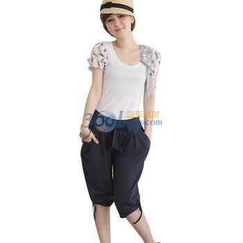 乔伊思 2011新款女装宽松蝴蝶结绑带抓皱口袋六分及膝裙裤休闲短裤纯棉短裤子 8022 深蓝色 均码