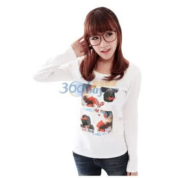 韩都衣舍 韩国T恤【春季新品】新年春装女印花长袖圆领女T恤T905 白色 M