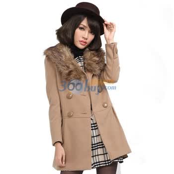 茵佳妮外套女装新品时尚系潮款修身显瘦毛领毛呢大衣5114-1420096 驼色 L