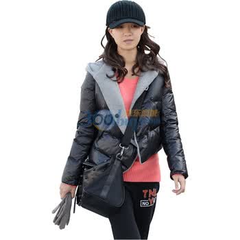 艾米 AMII 帅气短款针织拼接连帽羽绒服 11120570 黑色 XL