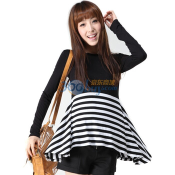 Rosas Mode 条纹拼接小高腰裙摆设计长袖T恤R1611134 黑色 M