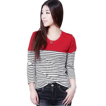 韩都衣舍 韩国2012T恤夏装新款女条纹长袖T恤GS1663 红色 L