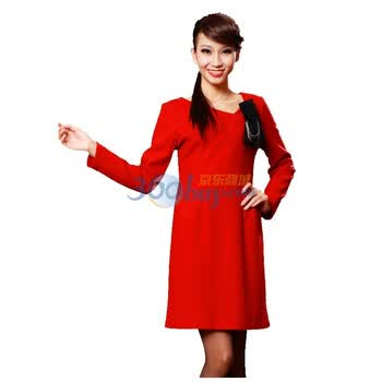 Botetang 波特唐 秋冬韩版修身毛呢连衣裙1252 红色 L