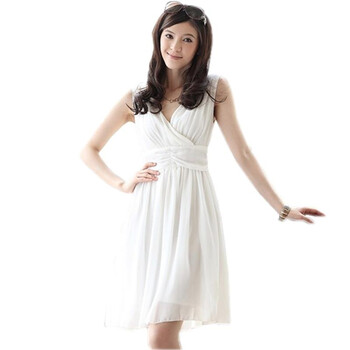露西法兰 2012韩版女装夏装新款 简约款 淑女V领两面穿雪纺连衣裙 CN-1135 白色 XL