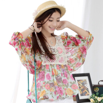 韩都衣舍 韩国2012夏装新款女雪纺衫宽松花色蕾丝防晒雪纺衫JT2052 兰色 M
