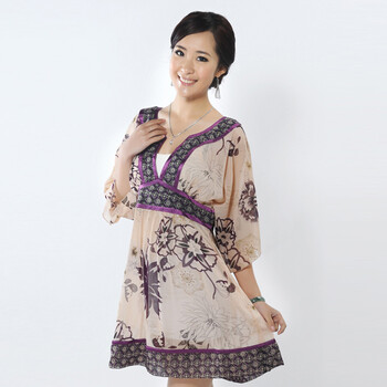 如奕2011新 高腰印花 日式修身雪纺连衣裙 紫色 L