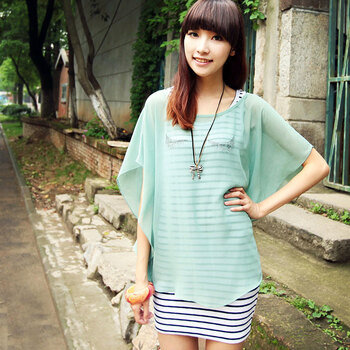 as安都女装印花条纹两件套雪纺裙连衣裙 9217235 粉绿 L