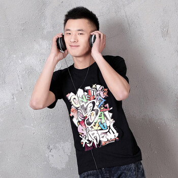 AMH 韩国2012夏季新款韩版男装圆领印花宽松百搭短袖T恤OD2011 黑色 L