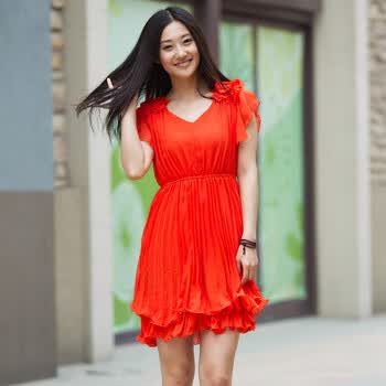 妮蕾迪 2012夏新款优雅甜美花朵装饰修身百褶裙6618 桔红色 XXL