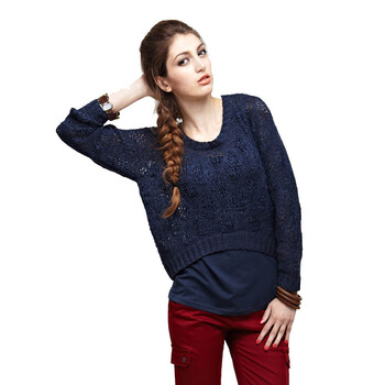 卡玛KAMA 女士前后不对称长袖针织衫两件套