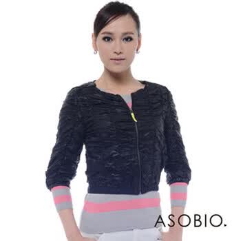 ASOBIO 女装无领褶皱五分袖短款夹克 4111412769 黑色 40
