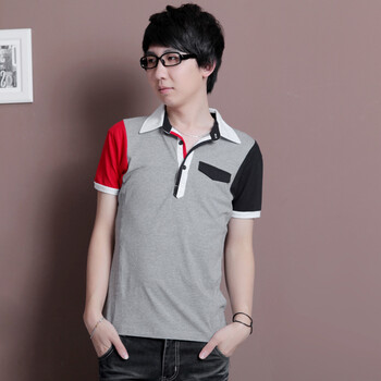 AMH 韩国2012夏新款男士韩版翻领拼色短袖T恤OJ2075 黑灰色 XL