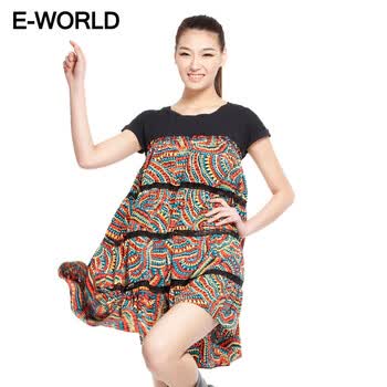 E-WORLD 甜美印花拼接层叠A字连衣裙 I9217