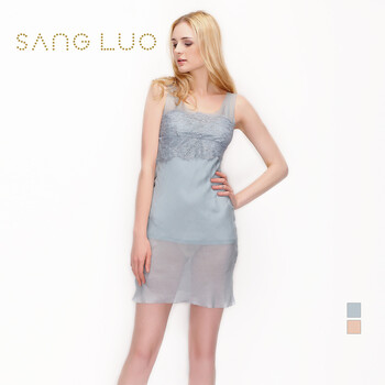 桑罗sangluo原创法式100%桑蚕丝睡衣双层雪纺蕾丝