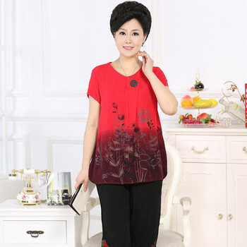 四十岛花 中老年人上衣<em>服装女式夏季</em>短袖加肥