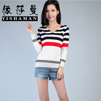 依莎曼 针织衫 女士羊绒衫 前后双<em>V领条纹</em>羊毛