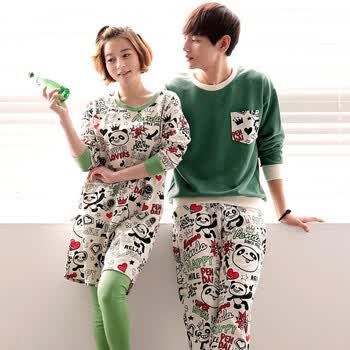 款超柔纯棉春秋绿色熊猫舒适长袖 <em>情侣睡衣</em> 套