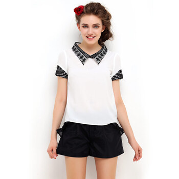 蓝莓树2014夏季新品女装短袖镂空蕾丝POLO领套头