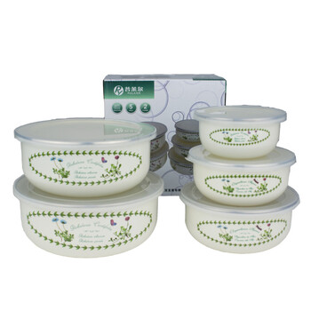 普莱尔 珐琅瓷储存碗搪瓷保鲜冰泡面五件套 7300011 春天花 10-18cm