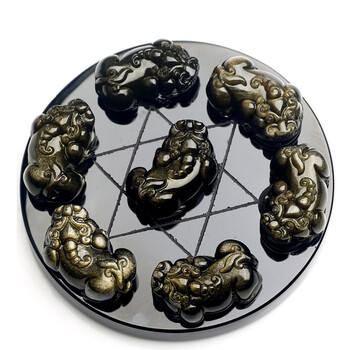 三缘证宝 开光天然乌金曜石貔貅七星阵摆件 化