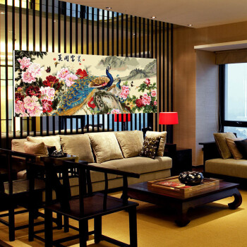 
                                        diy手绘数字油画 80*200cm 花开富贵孔雀 花卉风景客厅餐厅结婚装饰画 无框画礼物                