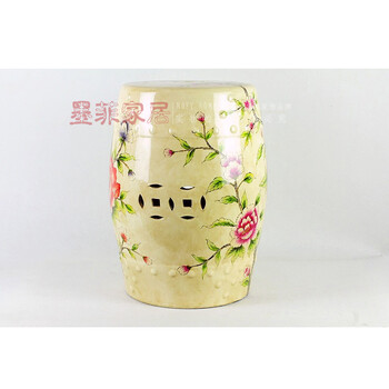 墨菲 中式客厅书房卧室家居手绘梳妆凳 凳子陶瓷鼓凳装饰工艺品摆件 浅黄底款