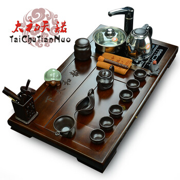 太初天诺 4合一紫砂汝窑茶盘功夫茶具套装 红木实木进口黑檀木 F.韵和天下茶盘+一帆风顺茶具