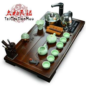 太初天诺 4合一紫砂汝窑茶盘功夫茶具套装 红木实木进口黑檀木 F.韵和天下茶盘+一帆风顺茶具