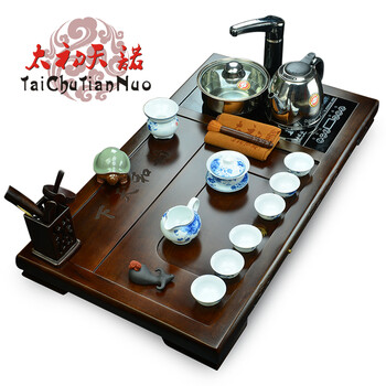 太初天诺 4合一紫砂汝窑茶盘功夫茶具套装 红木实木进口黑檀木 F.韵和天下茶盘+一帆风顺茶具