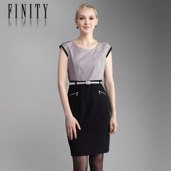 finity 菲妮迪女装 秋装新品 气质修身圆领高腰连衣裙送腰带f20kd3244